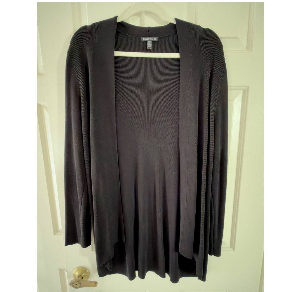 Eileen Fisher Stretch Jersey Knit Open Front Cardigan — Black — Size L